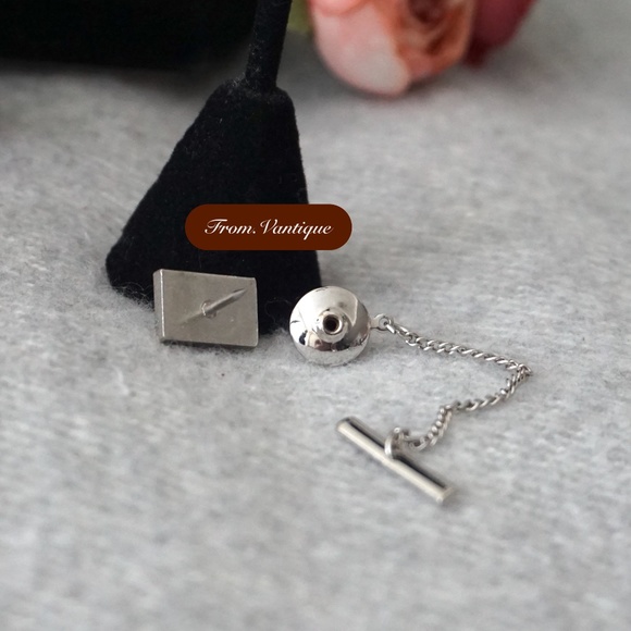 👔 VINTAGE Men Suit Silver Spiral Tie Clip with Chain 🔗 - Picture 5 of 6